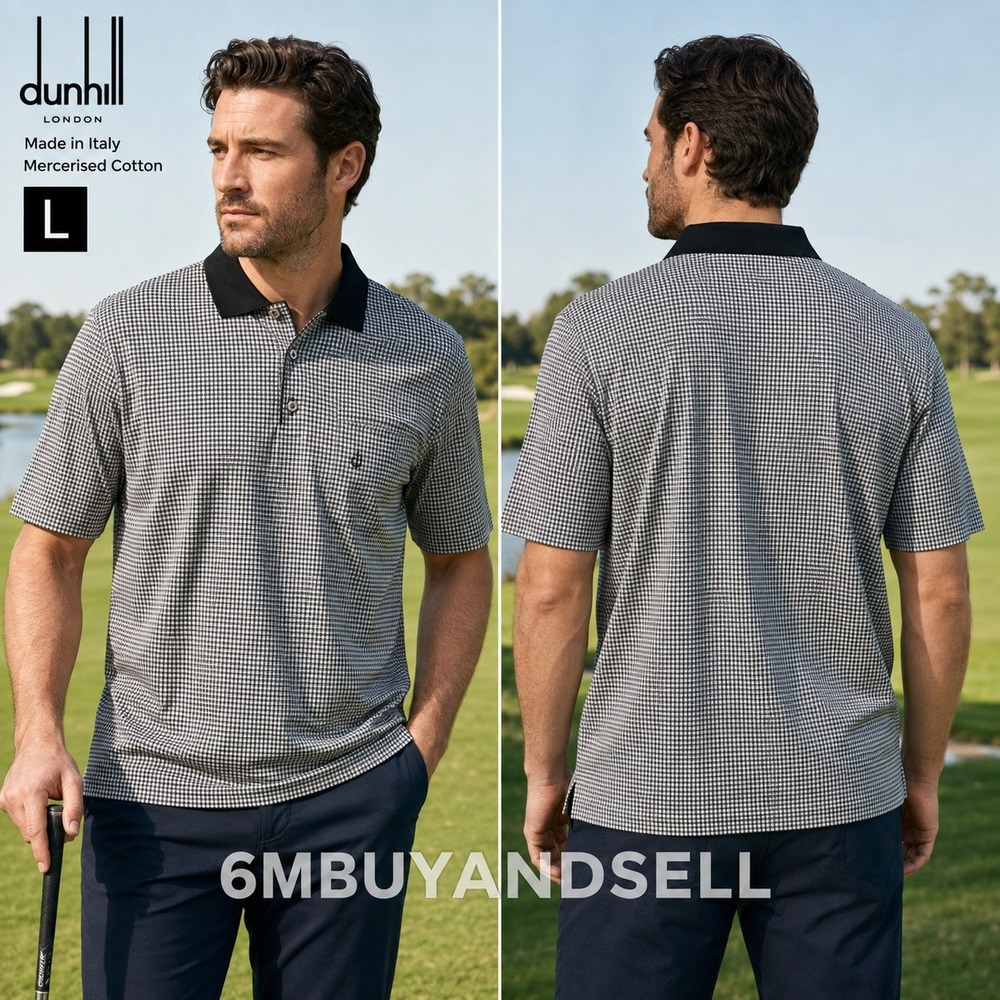 Dunhill Mens Large Polo Shirt Mercerised Cotton Grid Check Made in Italy XY0020Z